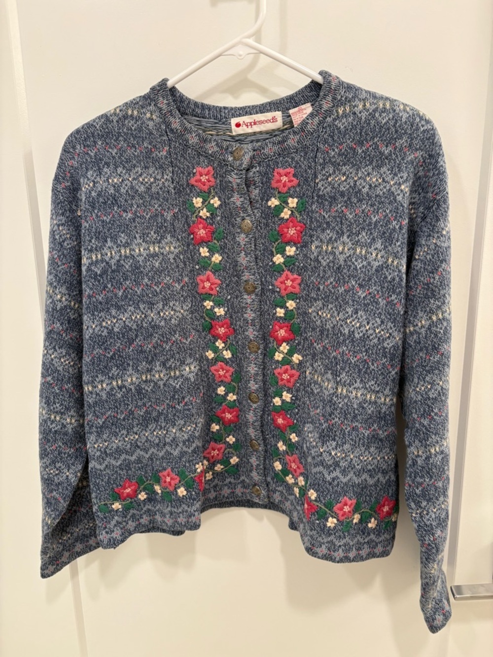 Vintage 90s Appleseed’s Hand Knit Embroidered Cotton Ramie Cardigan Size Small